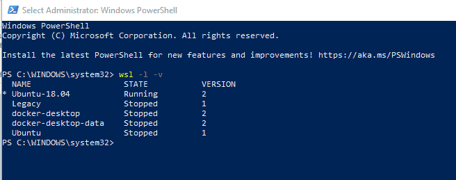 Shows the results of running the wsl -l -v command