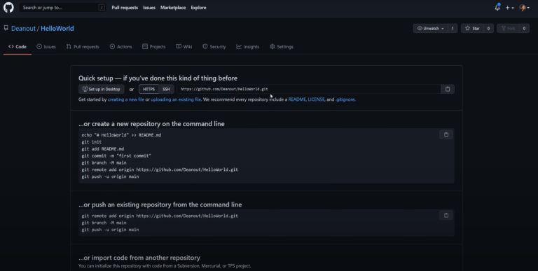 This is what an empty repository looks like on GitHub.