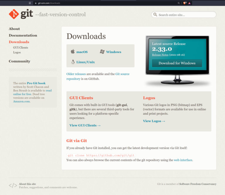 Photo showing the git-scm.com downloads page.